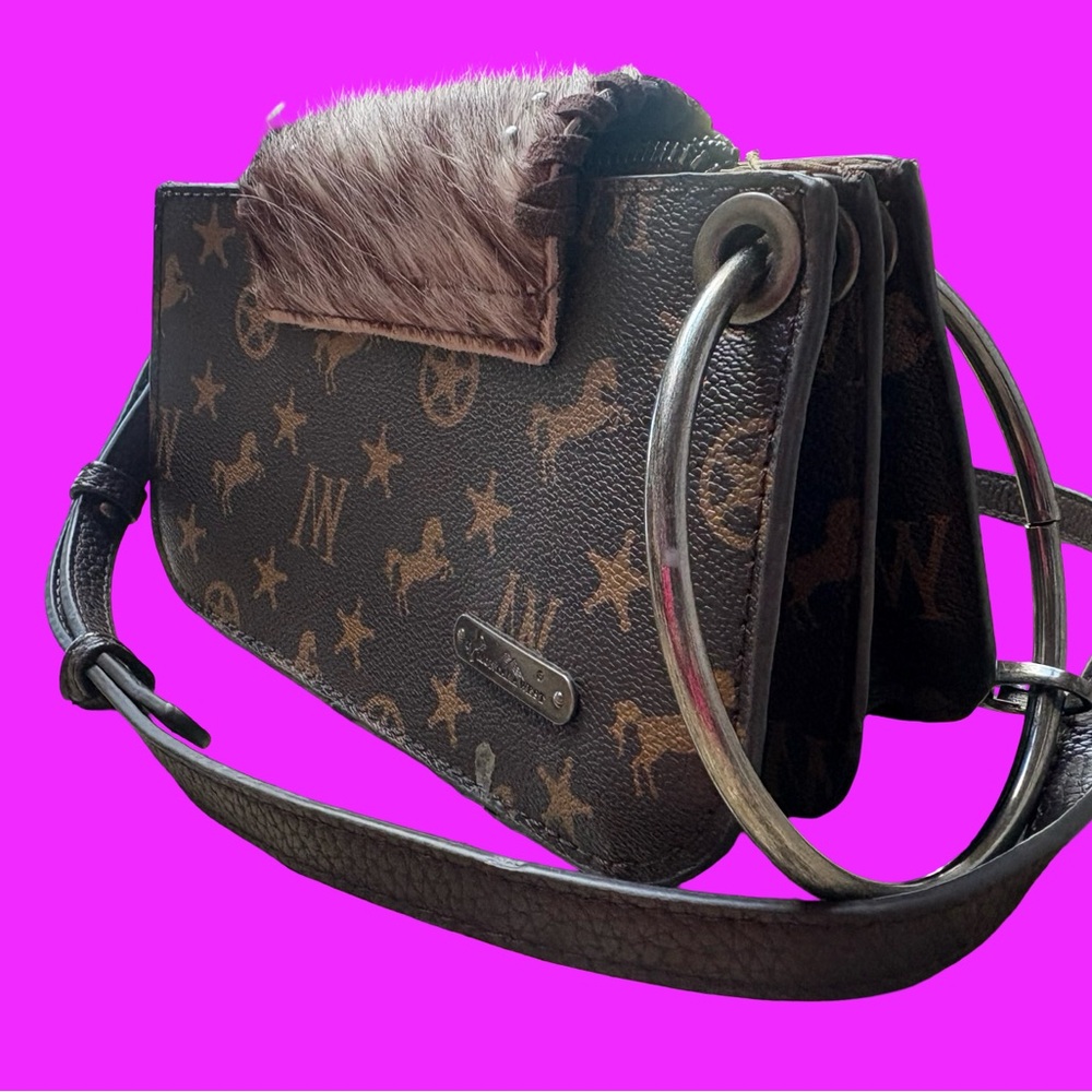 WESTERN Montana West Brown Crossbody Logo Bag Or Clutch With Fur Accent Like New - Picture 3 of 8